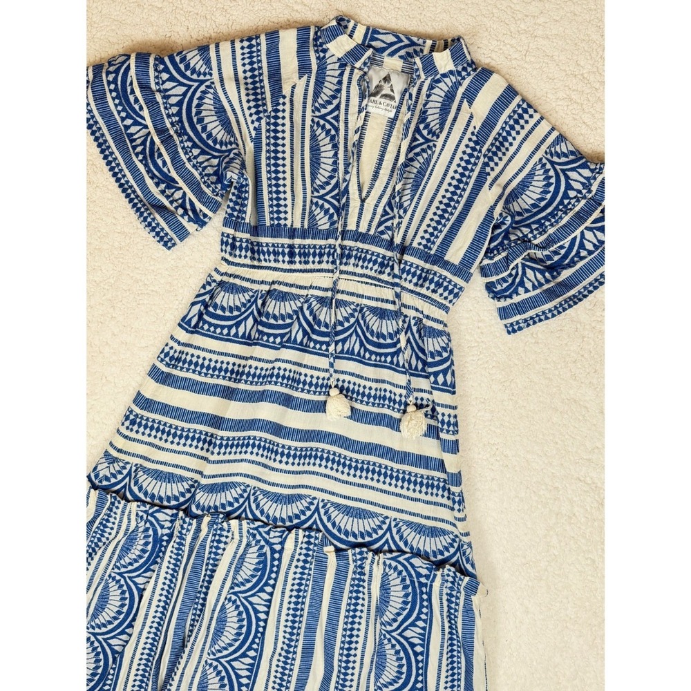 Pearl & Caviar S/M Blue White Geometric Print‎ Tassel Midi Dress Pockets Boho